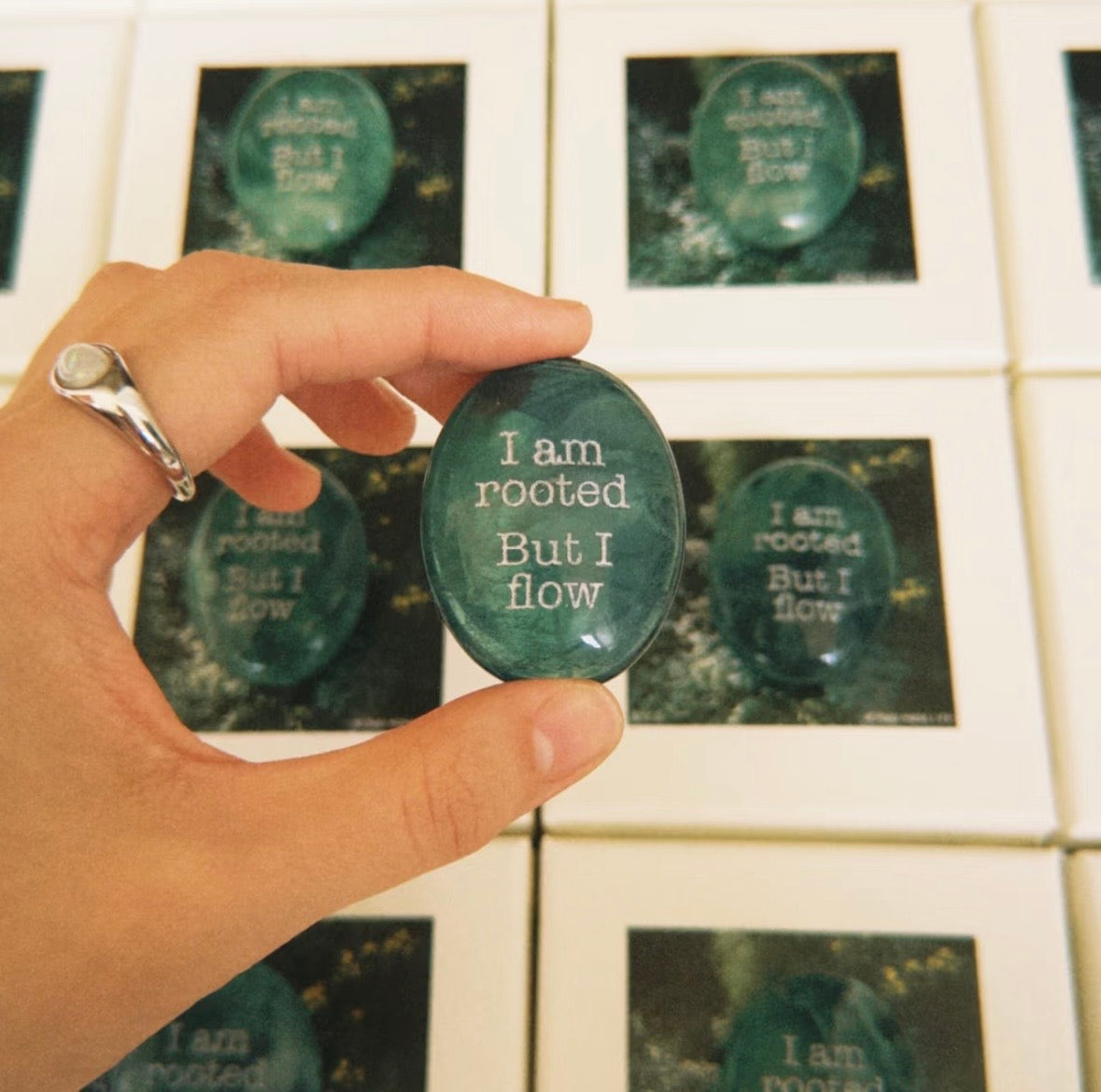 Engraved Natural Stone Desk Decor - "I Am Rooted But I Flow" Virginia Woolf Quote Paperweight, Inspirational Office Gift