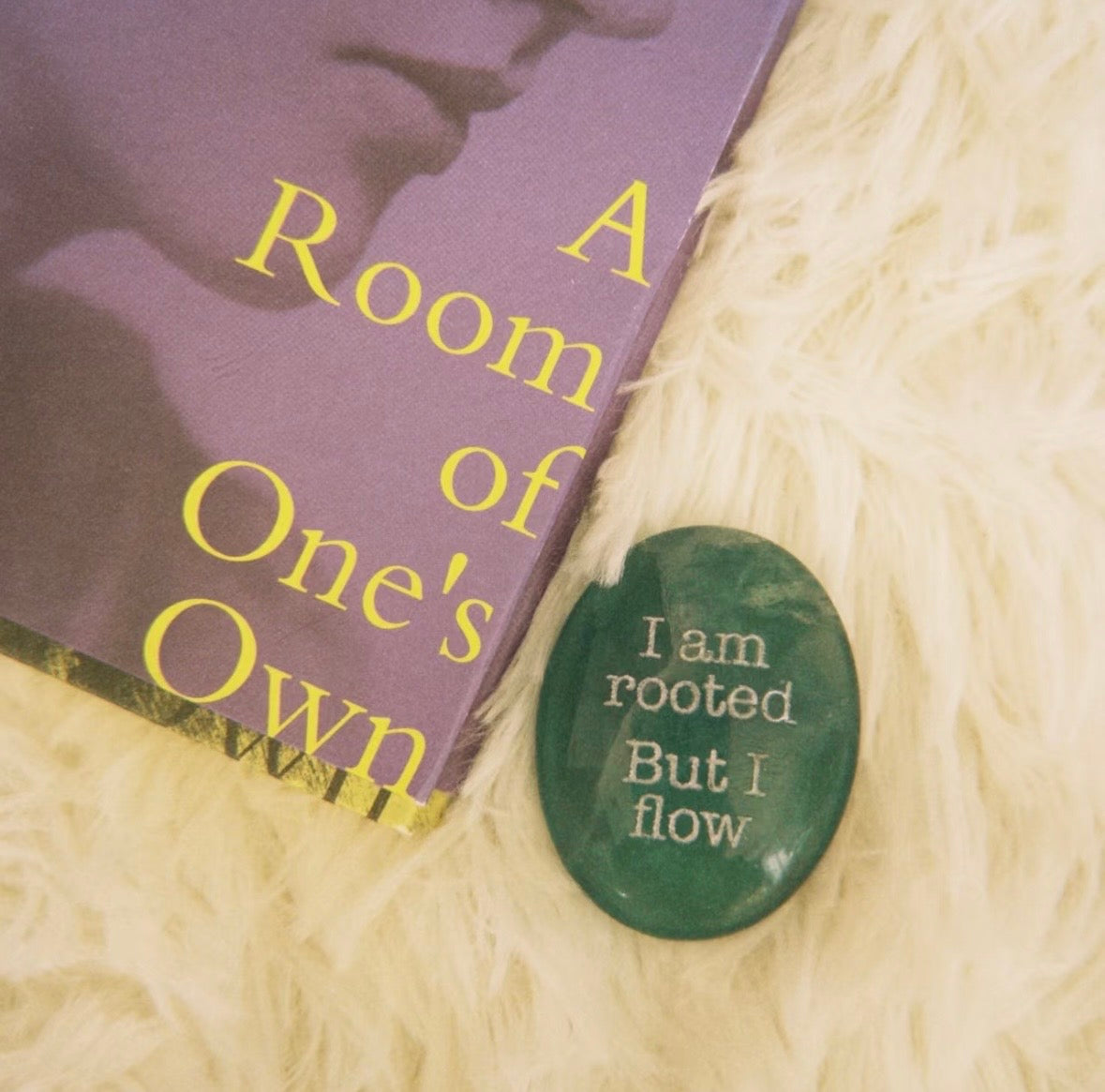 Engraved Natural Stone Desk Decor - "I Am Rooted But I Flow" Virginia Woolf Quote Paperweight, Inspirational Office Gift