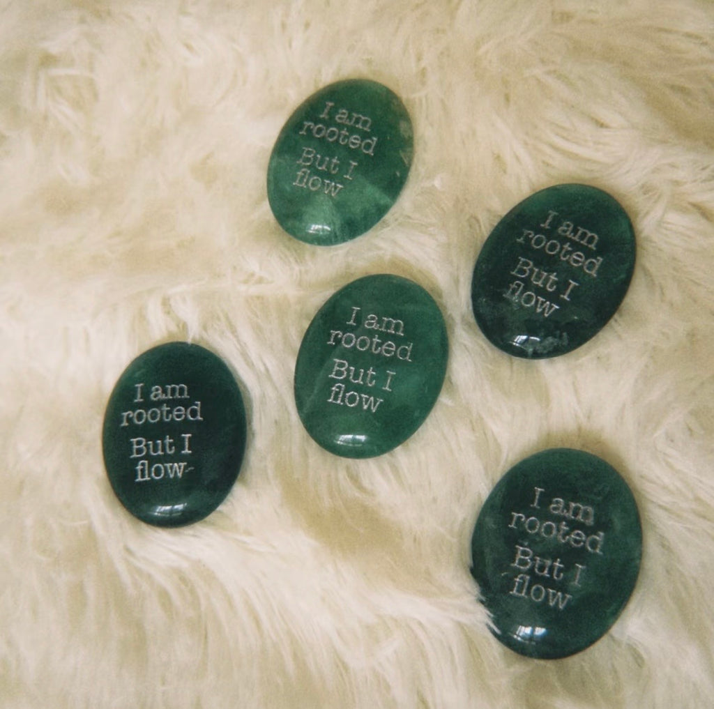 Engraved Natural Stone Desk Decor - "I Am Rooted But I Flow" Virginia Woolf Quote Paperweight, Inspirational Office Gift